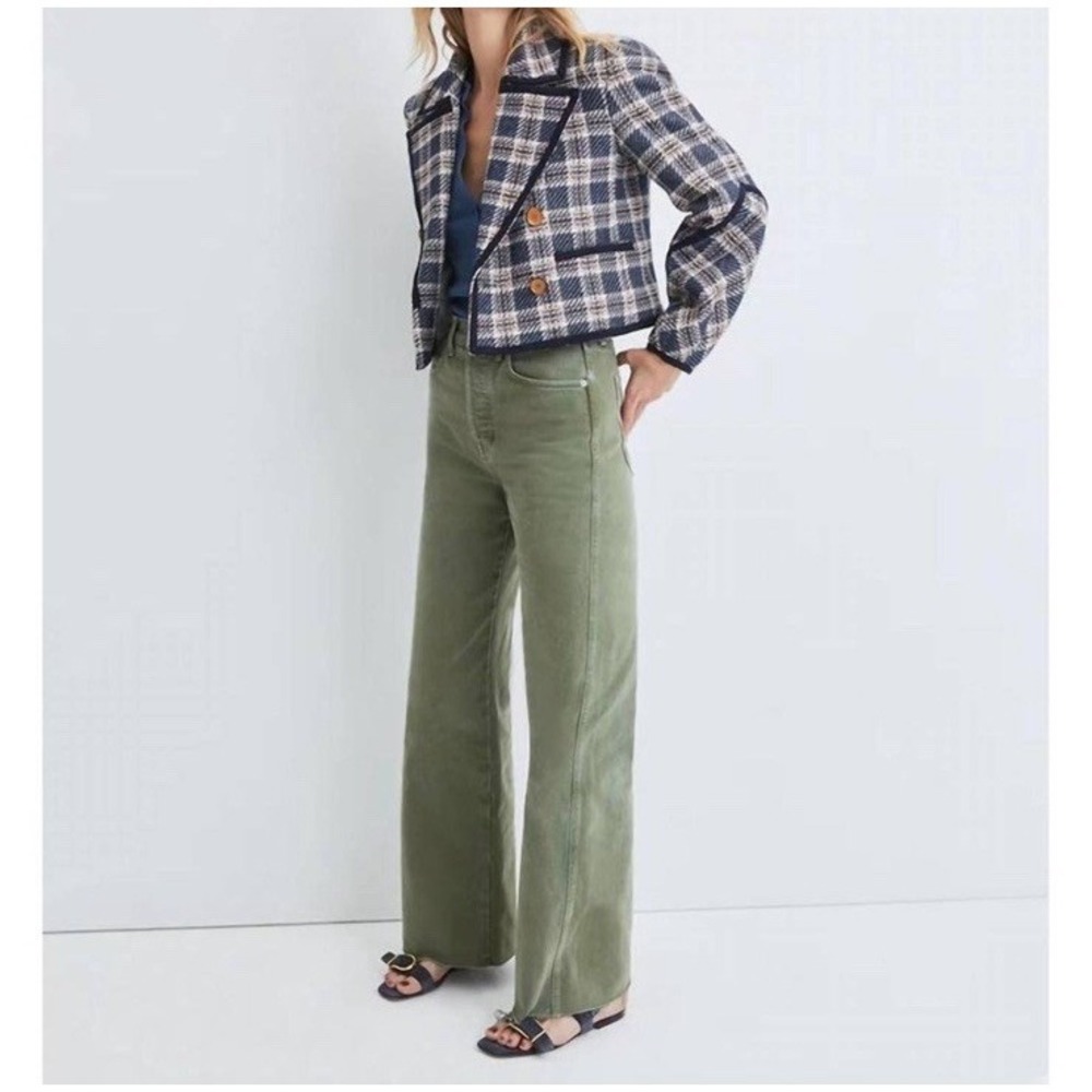 Veronica Beard Jeans Taylor Relaxed Wide Leg High Rise Green Clover 24 Raw Hem